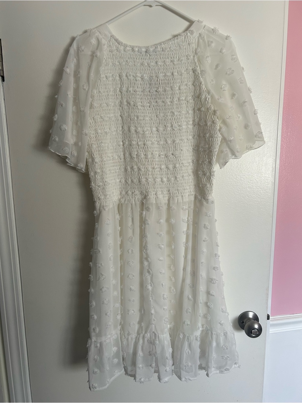 Flowy White Swiss-Dot Smocked Mini Dress - Picture 2 of 2